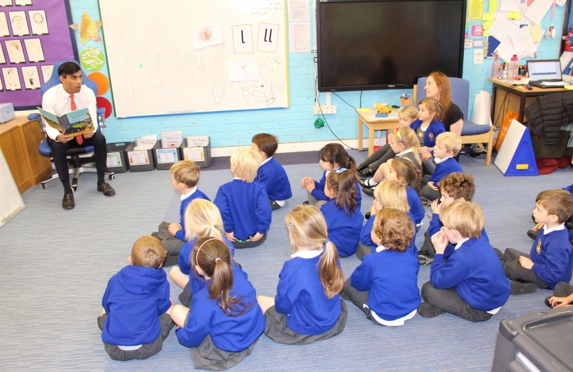 Rishi Sunak reads to the reception class at Hutton Rudby School